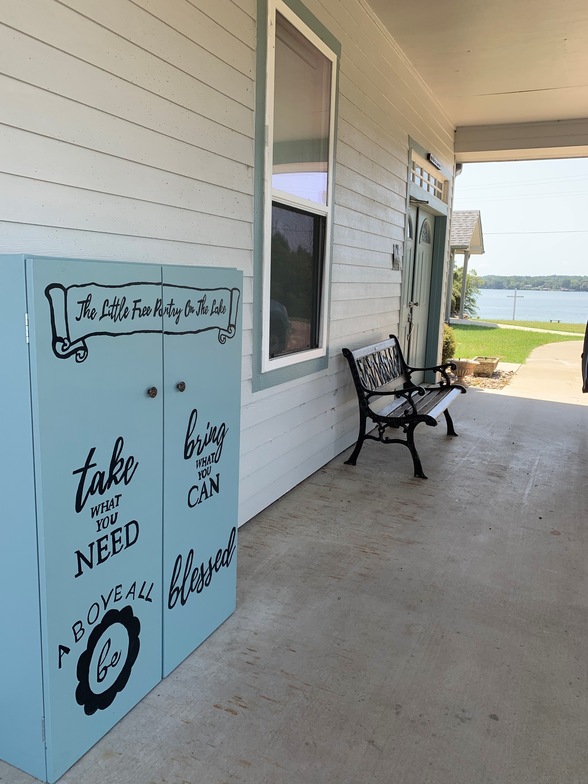 The Little Free Pantry under the carport at Lake Palestine United Methodist Church